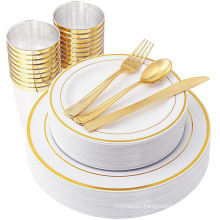 150 PCS Gold Disposable Plastic Plate Silverware, Elegant Plastic Tableware Set Heavyweight Plastic Dinnerware Set